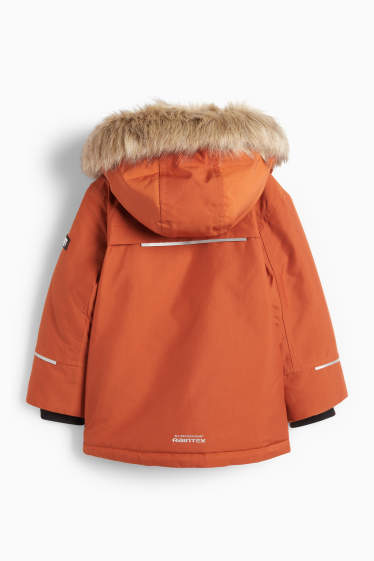 Kinder Jungen - Regenjacke mit Kapuze und Kunstfellbesatz - gefüttert - dunkelorange