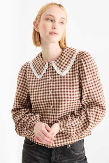 Women - Blouse - check - brown