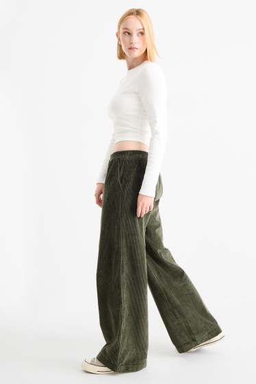 Donna - Pantaloni in velluto - vita media - gamba ampia - verde scuro