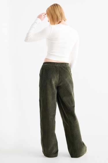 Donna - Pantaloni in velluto - vita media - gamba ampia - verde scuro