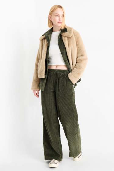 Donna - Pantaloni in velluto - vita media - gamba ampia - verde scuro