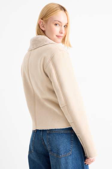 Damen - Faux Shearling Jacke - Velourslederimitat - hellbeige