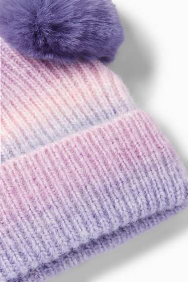 Niñas - Gorro con pompones - de canalé - estampado - violeta claro