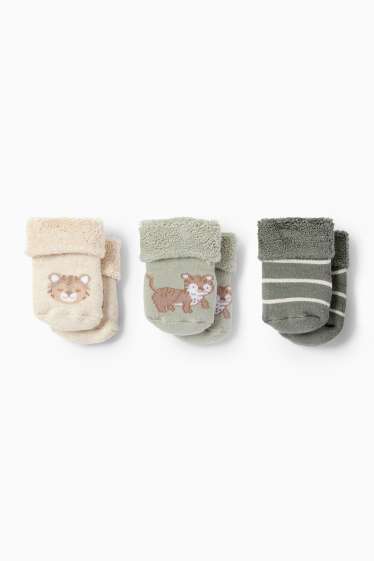 Baby Jungen - Multipack 3er - Tiger - Erstlings-Socken mit Motiv - Winter - grau / beige