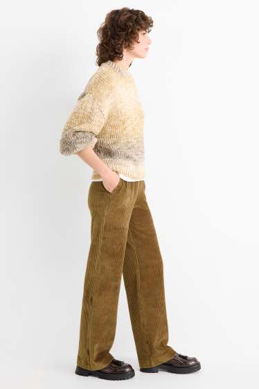 Women - Velvet trousers - high waist - wide leg - ribbed - beige