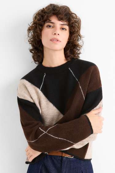 Damen - Pullover - kariert - schwarz / beige