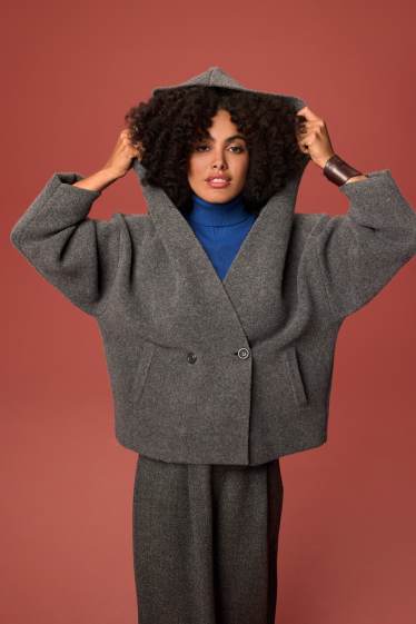 Damen - Strickjacke mit Kapuze - dunkelgrau