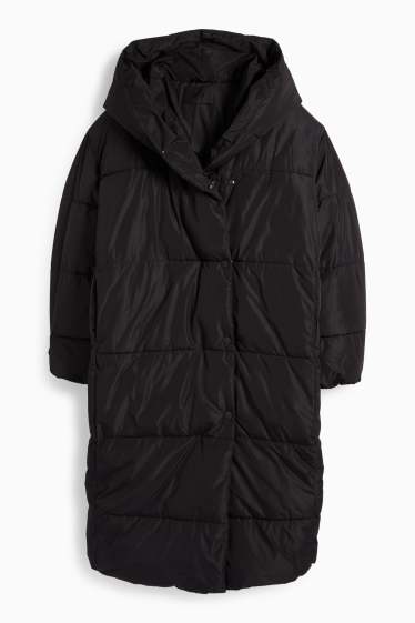 Women - Quilted coat with hood - water-repellent - black