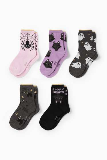 Kinder Mädchen - Multipack 5er - Halloween - Socken mit Motiv - schwarz / rosa