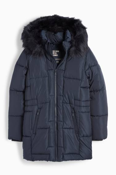 Niñas - Chaqueta acolchada con capucha y pelo sintético - azul oscuro