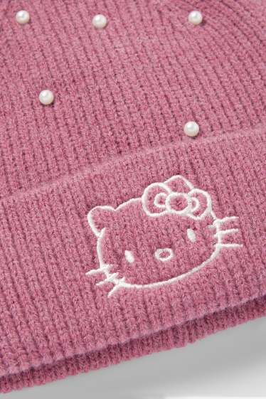 Kinder Mädchen - Hello Kitty - Mütze mit Perlen - gerippt - dunkelrosa