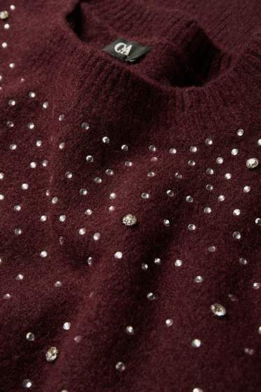 Femmes - Pull orné de pierres de strass - bordeaux