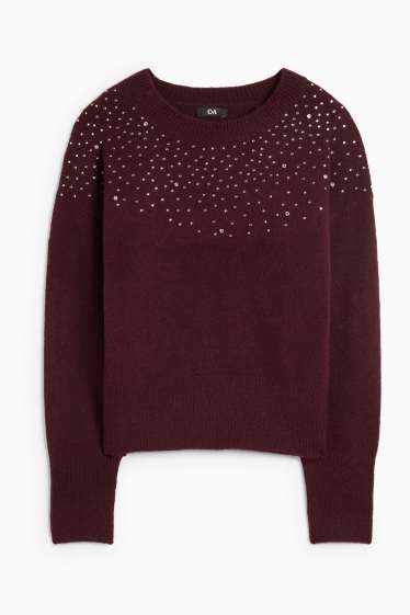 Femmes - Pull orné de pierres de strass - bordeaux