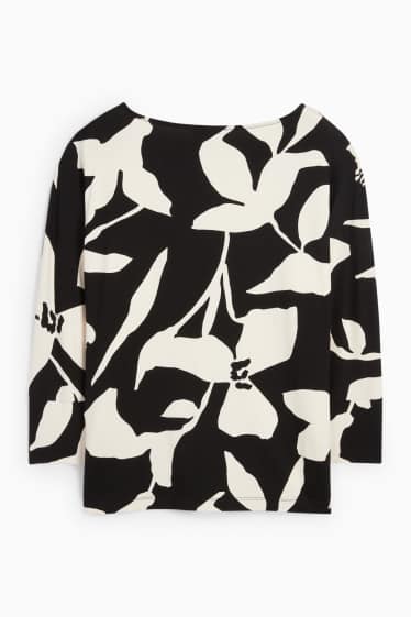 Dámské - Tričko s dlouhým rukávem basic - regular fit - s květinovým vzorem - černá/bílá