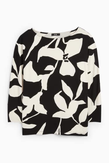 Dámské - Tričko s dlouhým rukávem basic - regular fit - s květinovým vzorem - černá/bílá