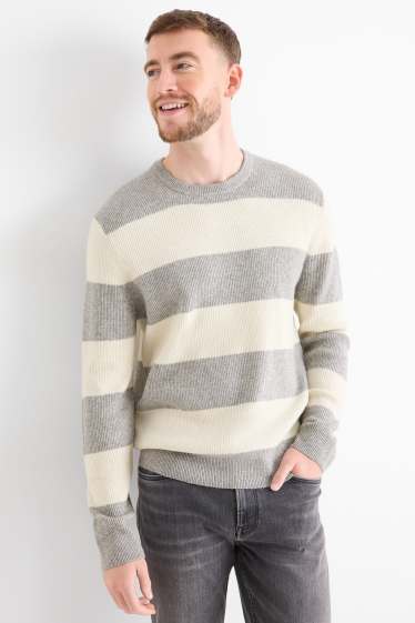 Men - Jumper - ribbed - striped - gray / beige