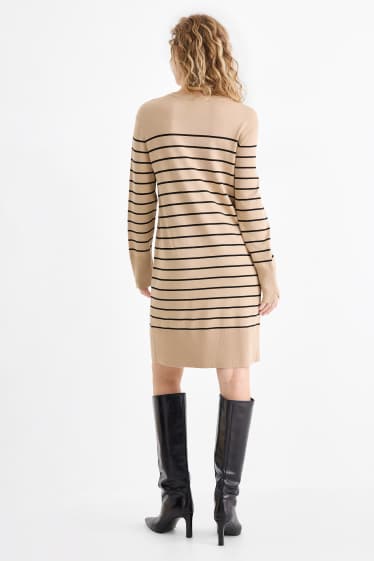 Dames - Gebreide jurk - gestreept - beige
