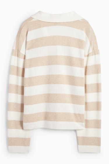 Women - Long sleeve polo shirt - knitted - striped - white / beige