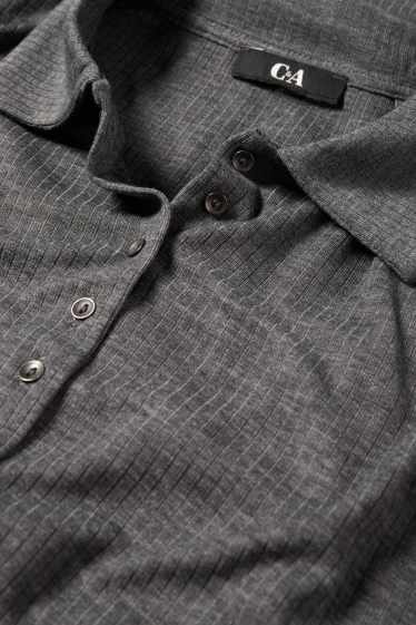 Women - Basic long sleeve polo shirt - regular fit - ribbed - gray