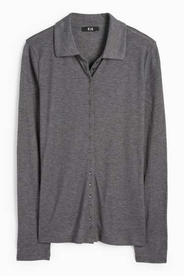 Women - Basic long sleeve polo shirt - regular fit - ribbed - gray