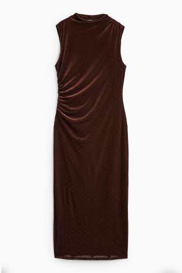 Damen - Samt-Bodycon-Kleid mit Strasssteinen - dunkelbraun