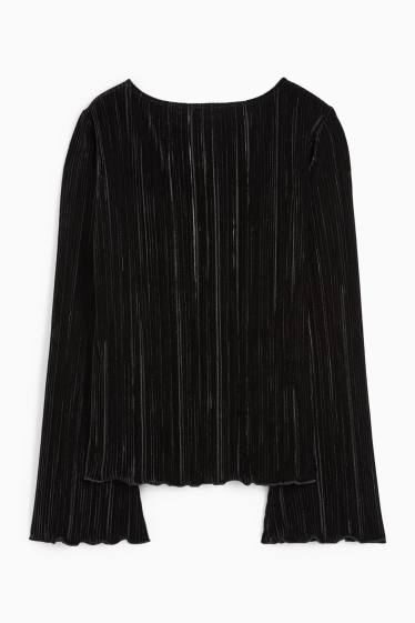 Women - Velvet long sleeve top - regular fit - ribbed - black