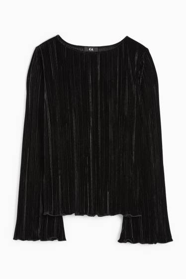 Women - Velvet long sleeve top - regular fit - ribbed - black