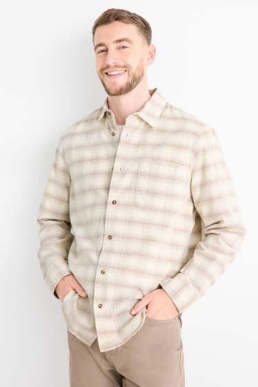 Uomo - Camicia di velluto a coste - regular fit - collo all'italiana - a quadretti - crema