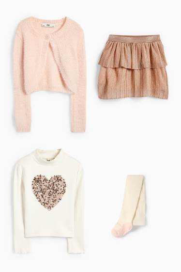 Nena - Conjunt - samarreta de màniga llarga, jaqueta de punt, faldilla i leotards - rosa