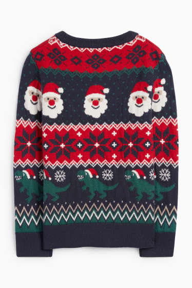 Enfants garçons - Dinosaure et père Noël - pull de Noël - bleu foncé