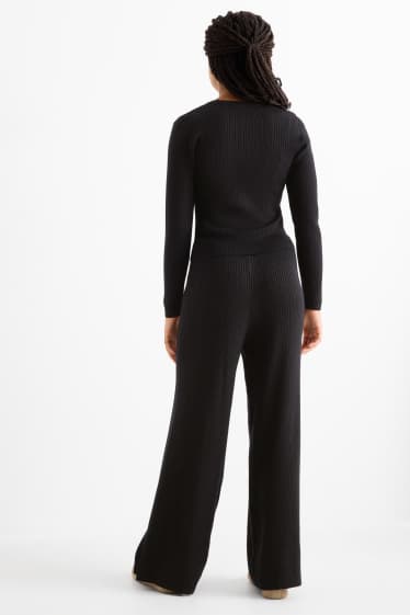 Children Girls - Set - long sleeve top and jersey trousers - ribbed - 2 piece - black