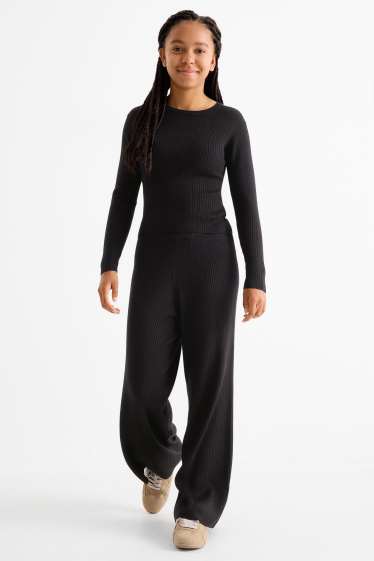 Children Girls - Set - long sleeve top and jersey trousers - ribbed - 2 piece - black