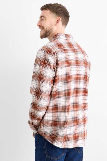 Pánské - Flanelová košile - regular fit - kent - kostkovaná - hnědá