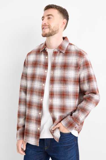 Pánské - Flanelová košile - regular fit - kent - kostkovaná - hnědá