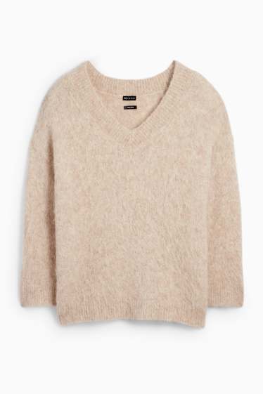 Dames - Trui met V-hals - mix van alpacawol - beige