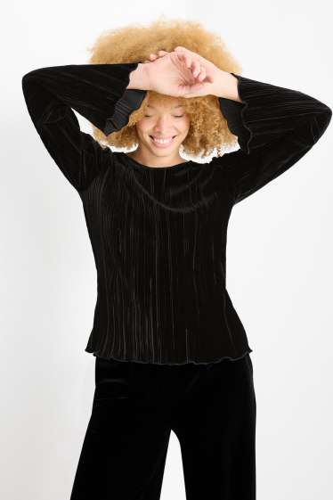 Women - Velvet long sleeve top - regular fit - ribbed - black