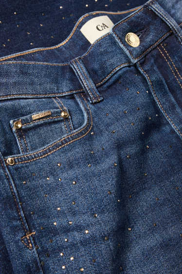 Dámské - Straight jeans se štrasovými kamínky - mid waist - džíny - tmavomodré