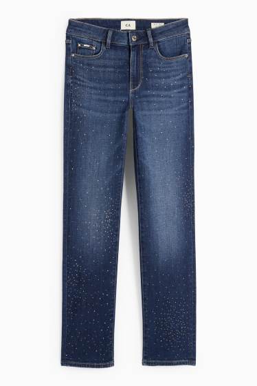 Dámské - Straight jeans se štrasovými kamínky - mid waist - džíny - tmavomodré