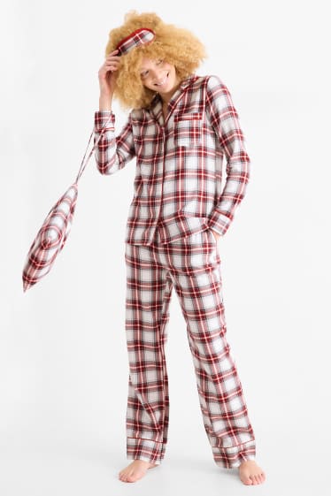 Women - Set - Christmas flannel pyjamas, sleep mask and cloth bag - white / red