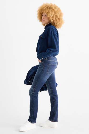 Dámské - Straight jeans se štrasovými kamínky - mid waist - džíny - tmavomodré