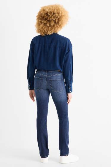 Dámské - Straight jeans se štrasovými kamínky - mid waist - džíny - tmavomodré
