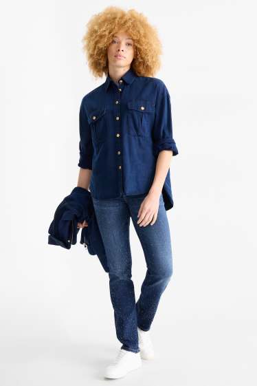 Dámské - Straight jeans se štrasovými kamínky - mid waist - džíny - tmavomodré