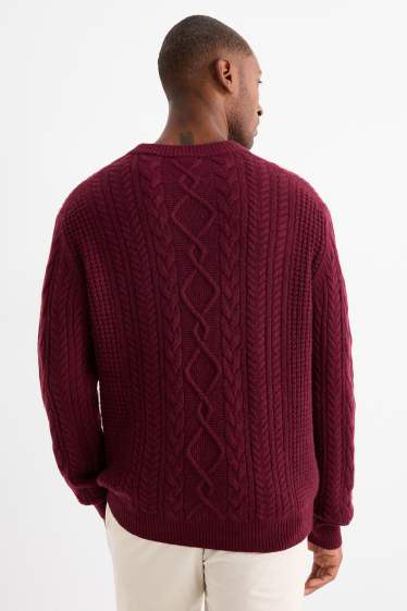 Herren - Pullover mit Kaschmir-Anteil - Woll-Mix - Zopfmuster - bordeaux