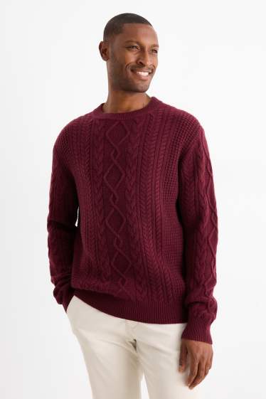 Herren - Pullover mit Kaschmir-Anteil - Woll-Mix - Zopfmuster - bordeaux