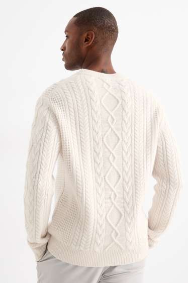 Herren - Pullover mit Kaschmir-Anteil - Woll-Mix - Zopfmuster - cremeweiss