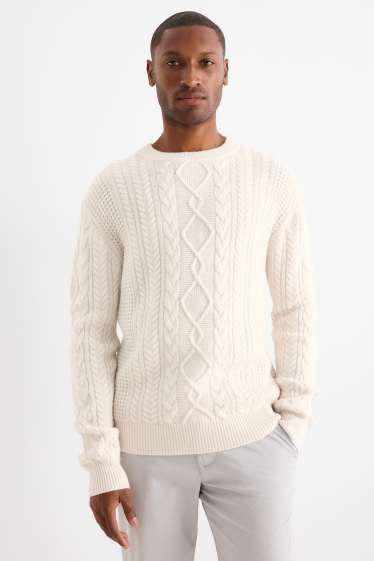 Herren - Pullover mit Kaschmir-Anteil - Woll-Mix - Zopfmuster - cremeweiss