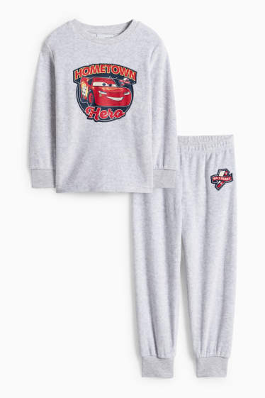 Děti - chlapci - Auta - zimní pyžamo - 2dílné - světle šedá-žíhaná
