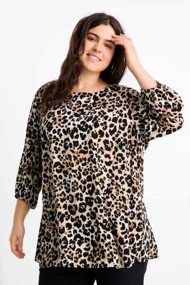 Dames - Blouse - luipaardprint - zwart / beige