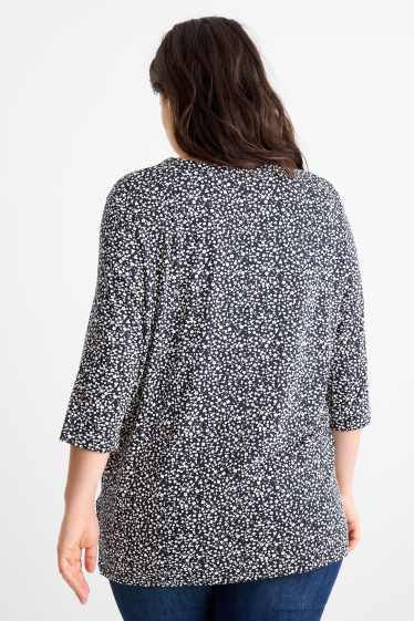 Dames - T-shirt met V-hals - gebloemd - donkerblauw