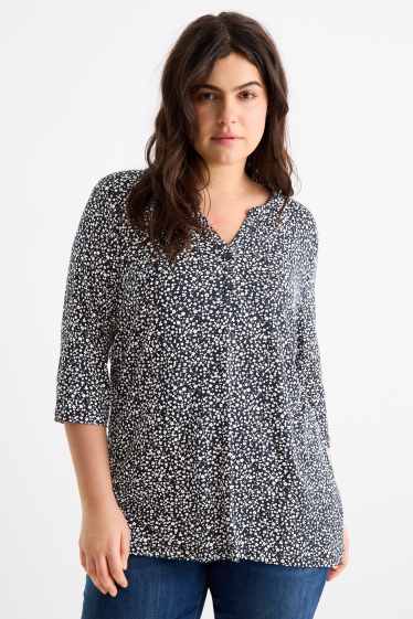 Dames - T-shirt met V-hals - gebloemd - donkerblauw